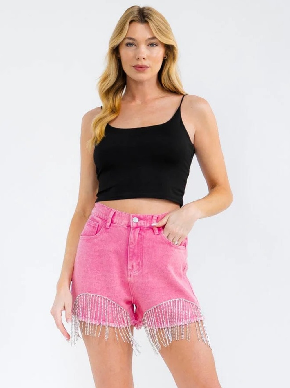 Savanna Jane | Pink Rhinestone Fringe High Waisted Denim Shorts Coachella Large